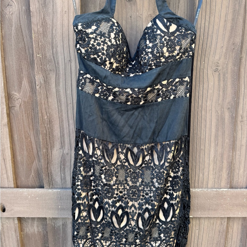 bebe Black and Cream Lace Backless Dress